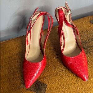 Red Croc-Embossed Slingback Heels